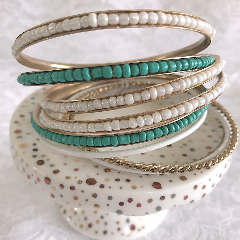 Turquoise, Pearl and Gold Stackable Beaded Bangles